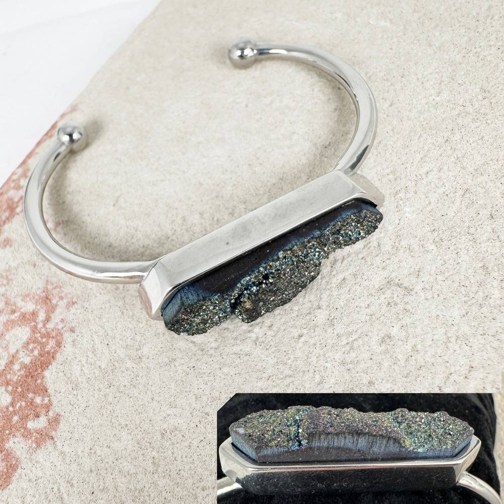 Kinsley Armelle Silver Druzy Quartz Cuff‎ Bracelet Natural Stone Statement Dark